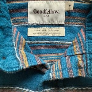 Goodfellow Mens Midweight Flannel Shirt M Blue Rust White Stripe Button Pockets